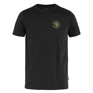 Imagem de Camisetas masculinas com logotipo Fjällräven 1960 oferecem gola redonda, construção de algodão macio e estampa de tela na frente preta LG tamanho único