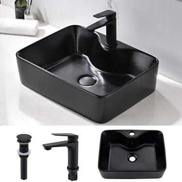 Imagem de Conjunto de pia e torneira de banheiro de 40,6 cm x 30,5 cm - Pia de vaso de banheiro VOKIM 40,6 cm x 30,5 cm retangular acima do balcão pia de porcelana preta fosca cerâmica moderna com torneira blac