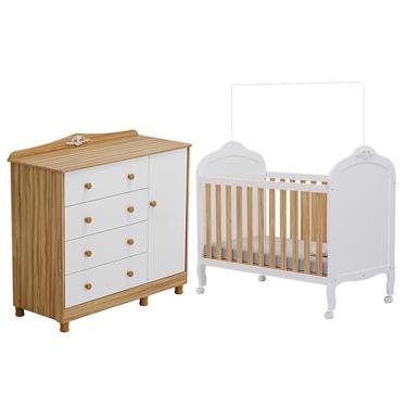 Imagem de Jogo De Quarto Infantil Elô Cômoda E Berço Branco Brilho/amêndoa - Móveis Peroba