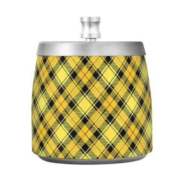 Imagem de JUZIHAI Cinzeiro xadrez escocês preto amarelo com tampa, bandeja de aço inoxidável inodoro cinzeiro à prova de vento sem fumaça para escritório em casa, pátio, varanda, cigarro