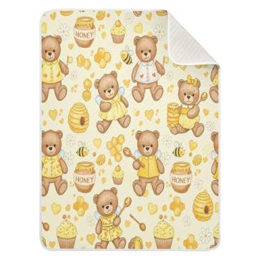Imagem de Qilmy Cobertor de bebê Honey Bear Bliss 76 x 101 cm, cobertor infantil de algodão macio para meninos e meninas, cobertor infantil leve e quente para berço, carrinho de bebê, soneca, recém-nascido