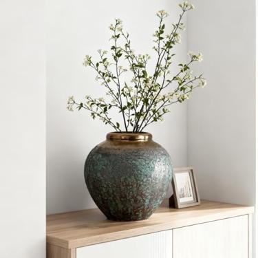 Imagem de Vaso de flores de cerâmica, vaso de flores rústico de 30,5 cm com ampla montanha de bronze, vaso de terracota alto vintage para decoração de café em casa e escritório