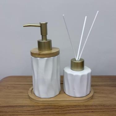 Imagem de Kit Banheiro Lavabo Premium 3 Peças com Saboneteira, Difusor e Bandeja de Porcelana(Branco Ondas)