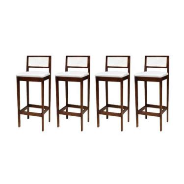 Imagem de Kit 4 Banqueta Alta de Madeira com Assento Estofado e Encosto em Palhi