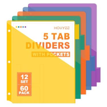Imagem de HOUYEE Divisórias de plástico com 5 abas com 1 bolso transparente, divisórias multicoloridas para 3 fichários, tamanho carta de 21,6 cm x 28 cm, conjunto com 12