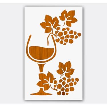 Imagem de Estêncil de taça de vinho e uvas – Modelo de plástico reutilizável de 28 x 21 cm para decoração de cozinha rústica, pintura em madeira, tela, scrapbook e artesanato de vinho faça você mesmo