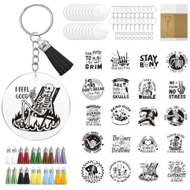 Imagem de peacoblue Kit de chaveiro de acrílico com adesivos UV DTF de transferência a frio, esqueleto preto e frases engraçadas, à prova d'água, redondo, faça você mesmo, conjunto de chaveiros de acrílico em