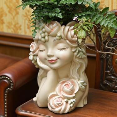 Imagem de Teaeeno Vaso de flores grande de fadas – design caprichoso de menina adormecida com rosas e folhagem rosa, vaso decorativo para suculentas, artesanato de bonsai para jardim, varanda, decoração de mesa