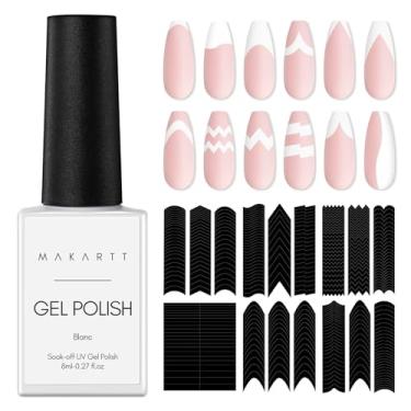 Imagem de Makartt Kit de 7 peças de adesivos de arte de unhas francesas, esmalte de gel branco de 8 ml, 6 folhas de adesivos de design francês, kit de guias de tiras de manicure francesas autoadesivas para
