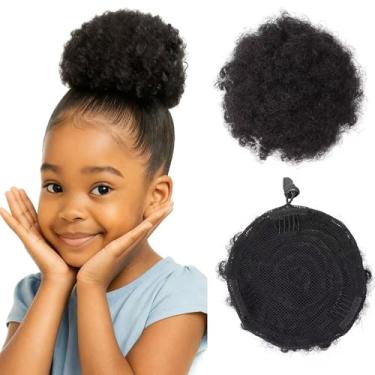 Imagem de TANJET Puff Afro volumoso preto natural de 20 cm - Rabo de cavalo com cordão 100% cabelo humano com 3 pentes antiderrapantes | Extensão cacheada crespo resistente ao calor (20 cm, preto natural 1B#)