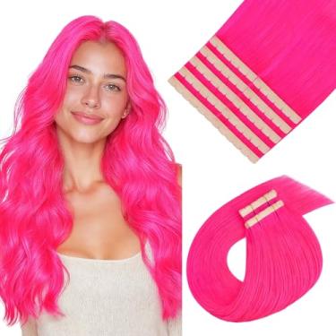 Imagem de MAXITA Extensões de cabelo humano com fita adesiva, rosa choque, 50,8 cm, 10 peças, 30 g, extensões de cabelo de trama, corte faça você mesmo, fita colorida sem costura em extensões, cabelo humano