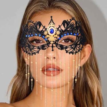 Imagem de Obmyec Máscaras De Renda Para Baile Máscaras, Fantasia, Máscara Os Olhos, Borlas, Rosto, Strass, Preto, Mulheres E Meninas