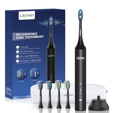 Imagem de Lächen Escova de dentes elétrica para adultos – recarregável sônica, 5 modos e temporizador inteligente, estojo de viagem e carregamento sem fio, 4 cabeças de escova, impermeável IPX7 (preto)
