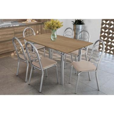 Imagem de Sala De Jantar Completa Elba C/ Tampo De Madeira 160cm E 6 Cadeiras Holanda Cromada/nogueira - Courano Bege - Kappesberg