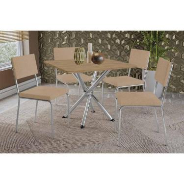 Imagem de Conjunto: Mesa Sala Jantar Volga C- Tampo De Madeira 90cm E 4 Cadeiras Zaria Cromada-nogueira - Boucle Bege - Kappesberg