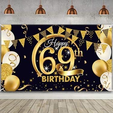Imagem de Decoração de festa de aniversário de 69 anos, pôster de sinal de ouro preto de tecido extra grande para banner de fundo de cabine de fotos de 69 anos, suprimentos para festa de aniversário de 69 anos, 188 x 119 centímetros