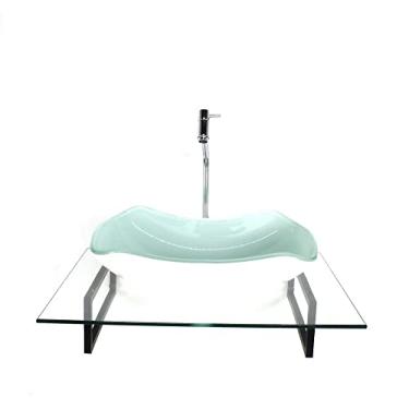 Imagem de KIT CUBA DE VIDRO ABAULADA BRANCA COM TAMPO 60CM INCOLOR E SUPORTE TORNEIRA VALVULA