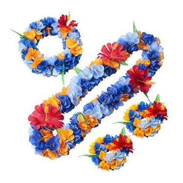Imagem de Layseri Conjunto de pulseiras de colar jumbo de flor havaiana Luau Leis floral Mahalo (azul e laranja)
