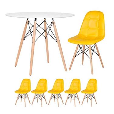 Imagem de Loft7, Kit Mesa Eames 90 cm branco + 5 cadeiras estofadas Eiffel Botonê amarelo