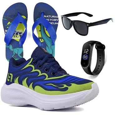 Imagem de Tenis Infantil De Amarrar Meninos Leve Desenhos LIGHT + Chinelo Oculos Relogio Cor:Verde;Tamanho:29
