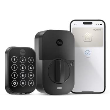 Imagem de Fechadura Yale Assure Lock 2 Plus Apple Home Keys (encaixe para abrir), fechadura de porta de entrada inteligente de camurça preta com teclado conectado Wi-Fi para entrada de código e acesso remoto,