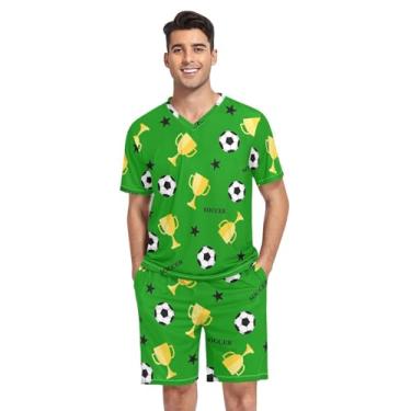Imagem de KLL Pijama masculino de futebol e copa verde 2 peças conjunto lounge pijama manga curta com bolsos, Futebol e copa verde, Small