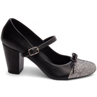 Imagem de Torricella, Sapato Social Scarpin Scarpan Salto Médio Alto Grosso Boneca Feminino 7 cm Glitter Torricella Cor:Preto;Tamanho:35