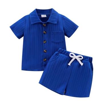 Imagem de TOKIAGO Roupas infantis para bebês meninos com nervuras, camisa de botão + shorts, conjunto com 2 peças, 12 meses a 5 anos sem camiseta, Azul escuro, 18-24 Meses