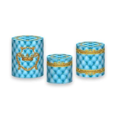 Imagem de Trio de Capas de Cilindro - Realeza Coroa Capitonê Azul Suave e Dourad