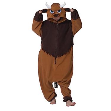 Imagem de BETIFUHOM Pijama unissex adulto de vaca búfalo, fantasia de gado, fantasia de Halloween, Natal, cosplay de uma peça, Macacão de búfalo de desenho animado, M