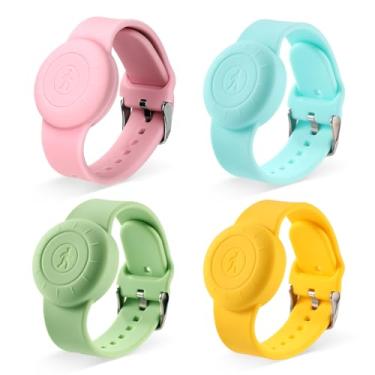 Imagem de 4 pulseiras infantis para Airtag, à prova d'água, capa completa, pulseira ajustável de silicone para rastreador GPS para Apple Air Tag (rosa, amarelo, ciano, verde)