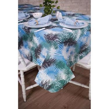 Imagem de Toalha de Mesa Retangular em Tecido Impermeável Acqua Linea Palm Azul,