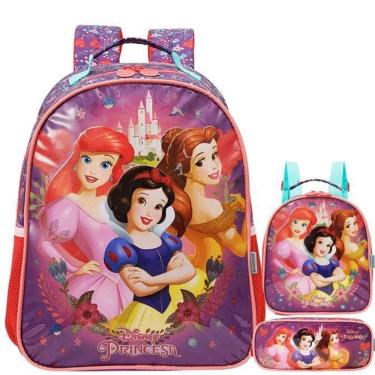 Imagem de Kit Mochila Escolar Princesas Castelo Costas Tam G Infantil