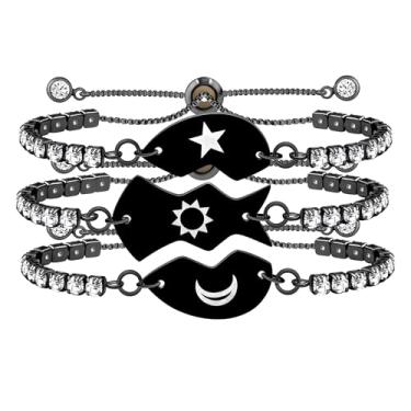 Imagem de Uloveido Best Friends Family Conjunto de pulseiras de coração para 3 a 3 peças ajustáveis pretas gravadas zircônia cúbica fecho bolo pulseiras de tênis para amigas irmãs mãe pai filha YA4774,