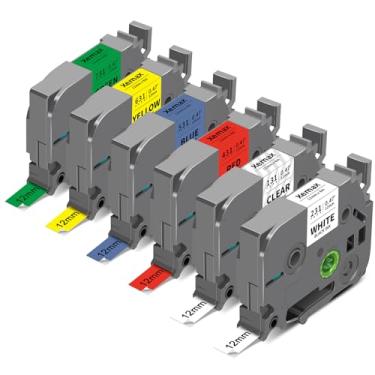 Imagem de XemaX Pacote com 6 fitas Tze Tz 12 mm 1,2 cm laminada multicolorida compatível com fita de etiqueta Brother P Touch 12 mm 1,2 cm branca Tze 131 231 431 531 631 731 para PTouch PT-H110 PT-D210 D220