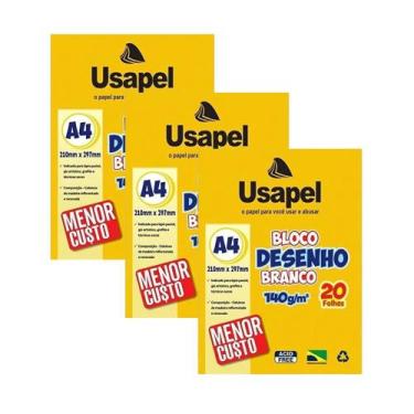 Imagem de Kit 03 Blocos de Desenho Escolar A4 Branco 140gm 20 Folhas - Usapel - 