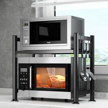 Imagem de Rack expansível para forno de micro-ondas, prateleira de micro-ondas ajustável de aço carbono de camada dupla, suporte de torradeira, organizador de bancada de cozinha resistente, rolamento de carga