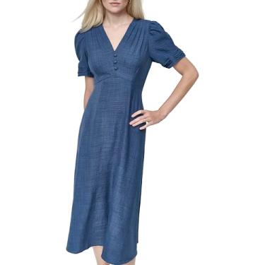 Imagem de DKNY Vestido midi feminino de manga curta com botões frontais e flare, Jeans, 38