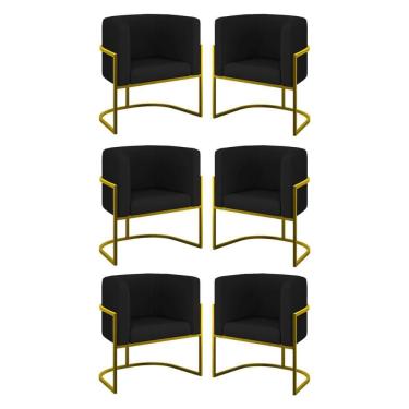 Imagem de Kit 06 Poltronas Lua Sala Decorativa Base Ferro Gold Corino Preto