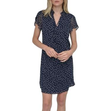 Imagem de DKNY Vestido trapézio feminino com laço frontal e babados, Meia-noite/creme, 46
