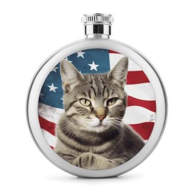Imagem de Cantil de aço inoxidável, gato americano com estampa da bandeira dos EUA, clássico, cantil, cantil, garrafa de viagem, portátil, cantil de metal