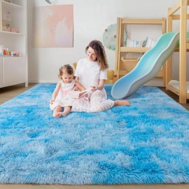 Imagem de Ailyei Tapetes ultramacios para sala de estar, 15 x 23 cm, azul claro, grande e felpudo para quarto de meninas e crianças, tapete de pelúcia moderno e fofo para decoração de quarto, dormitório, casa