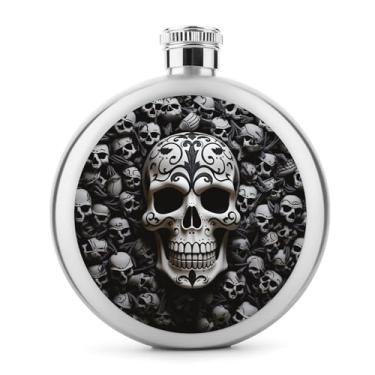 Imagem de Cantil de aço inoxidável, caveiras pretas e brancas, impressão, cantil, garrafa de viagem, portátil, garrafa de licor, garrafa de metal