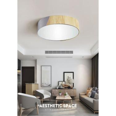 Imagem de Plafon Luminária de teto decorativa para casa, MD-3076 nórdicas em tecido e madeira 3 lâmpadas com difusor em poliestireno