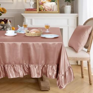 Imagem de Ersmak Toalha de mesa de cetim ouro rosa com borda de babados – toalha de mesa retangular de cetim 132 x 187 cm, toalha de mesa de seda brilhante para casamentos, banquetes ou jantares em casa
