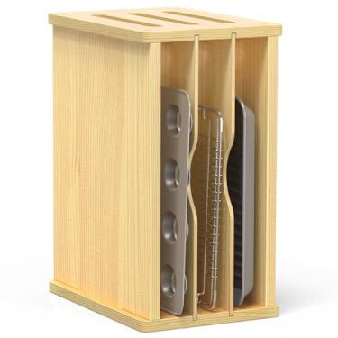 Imagem de sandpaint 3 peças divisórias de bandeja de armário de madeira, organizador de assadeira vertical de cozinha, panelas de armazenamento, bandejas de cozimento, tampas, tábua de cortar