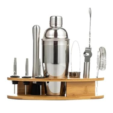 Imagem de ZZTWER Kit de bartender, conjunto de coqueteleira, 11 peças, kit de mistura de coquetel de aço inoxidável com suporte de exibição de bambu, conjunto de misturador de bebidas para casa e bar conjunto