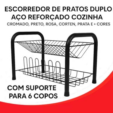 Imagem de Escorredor Duplo De Louça 2 Andares Aço Reforçado Prato Copo Pé Emborrachado Premium Design Moderno Prático Pronto para Uso (Preto)