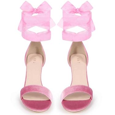 Imagem de Perphy Sandálias femininas de veludo com bico aberto no tornozelo e salto grosso, rosa, 36