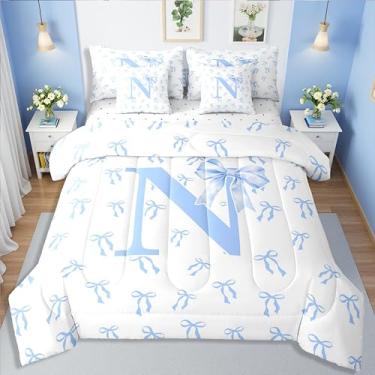 Imagem de Erosebridal Conjunto de edredom com letra N com 7 peças, fita e nó de borboleta em uma bolsa, azul sonhador, princesa, conjunto de cama casal para crianças, meninas, adolescentes, monograma, arco